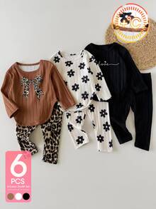 SHEIN Vintaside Kids 6件組幼女上衣+內搭褲，可愛甜美棕色白色豹紋蝴蝶結花卉羅紋長袖圓領常規款，生日派對秋季萬聖節時尚穿搭 - 彩色 - 查看 4