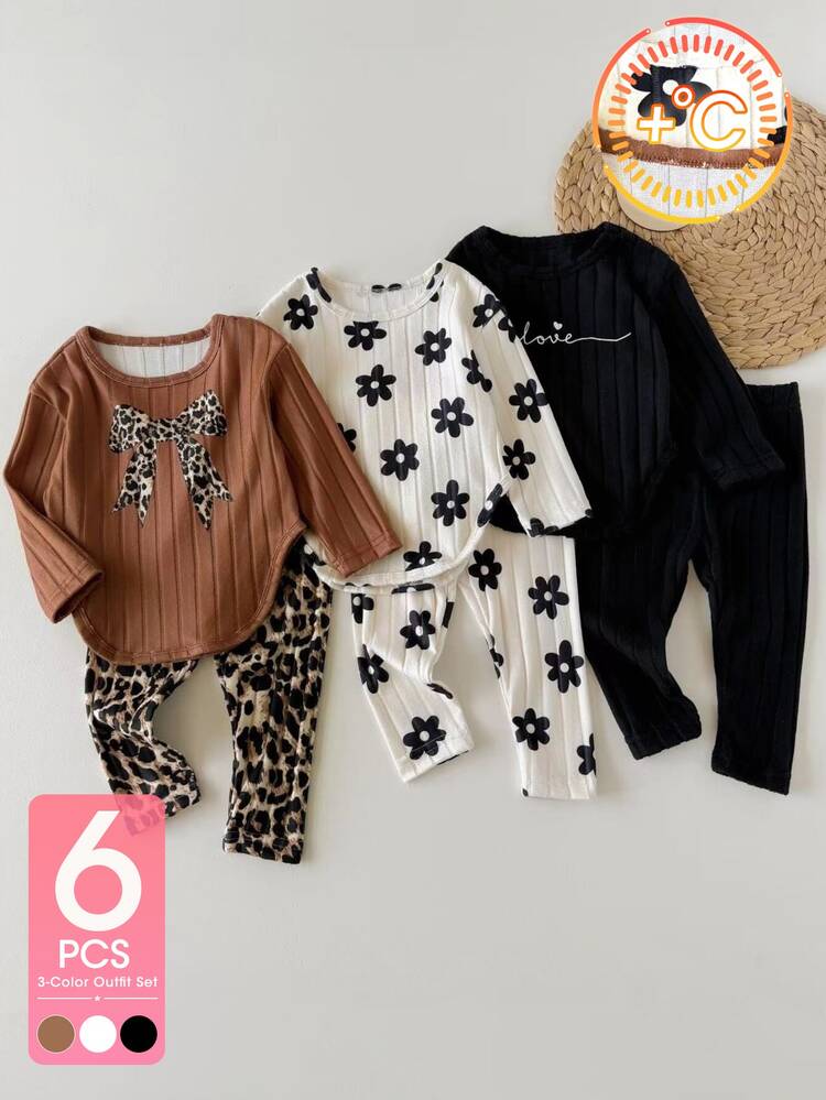 SHEIN Vintaside Kids 6pcs Toddler Girl Top + Leggings Cute Sweet Brown Black White Leopard Bow Floral Ribbed Heart Long Sleeve Round Neck Back To School Fall Halloween - Multicolor - View 3