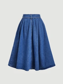 Sweetra Non-Stretch A-Line Denim Skirt - Blue - View 2