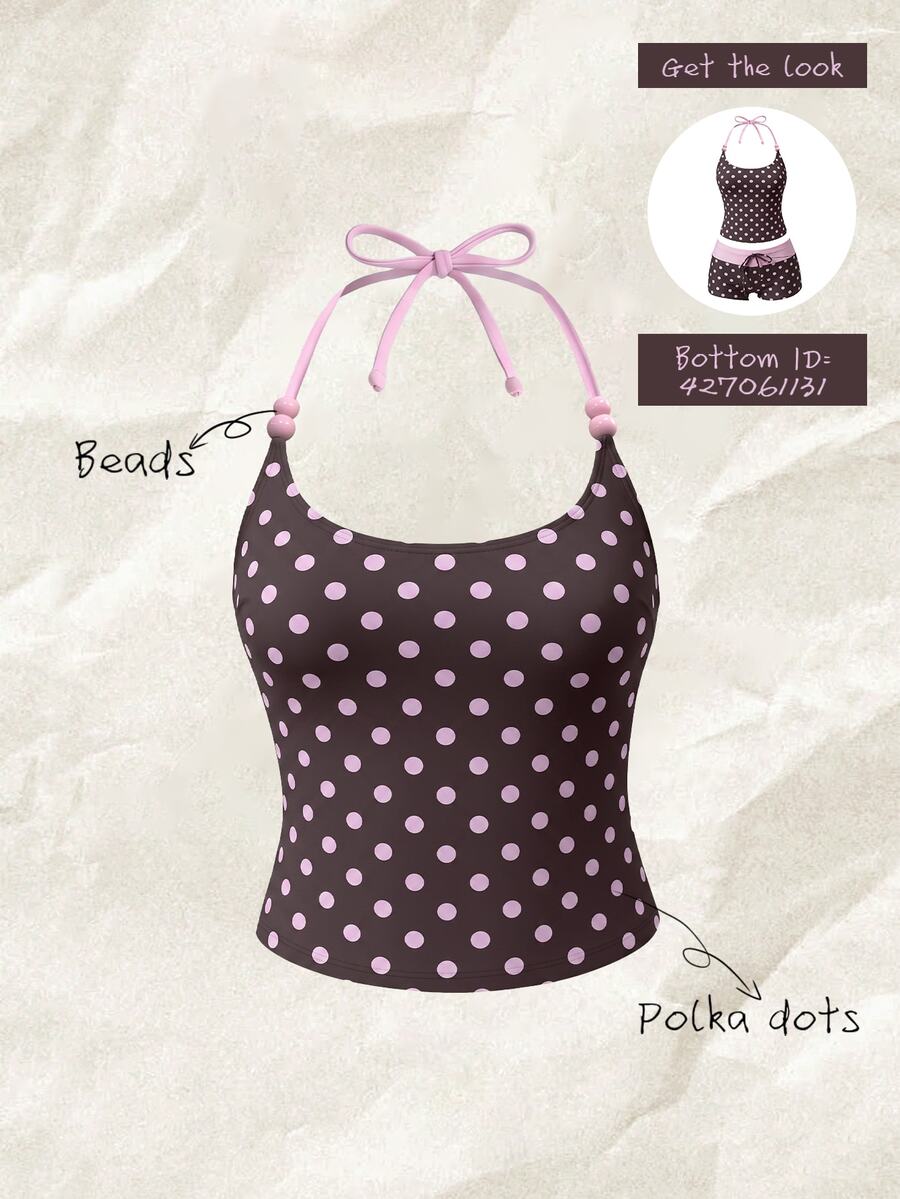 Elavelle Women's Summer Mod Random Print Halter Neck Bow Decor Polka Dot Beach Bikini Top - Multicolor - View 1