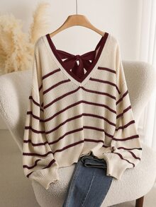 Shapeblank Plus Size Women V-Neck Long Sleeve Striped Pullover Sweater, Daily Wear Bowknot Back Design, Casual & Fashionable/Winter - Brown - View 4