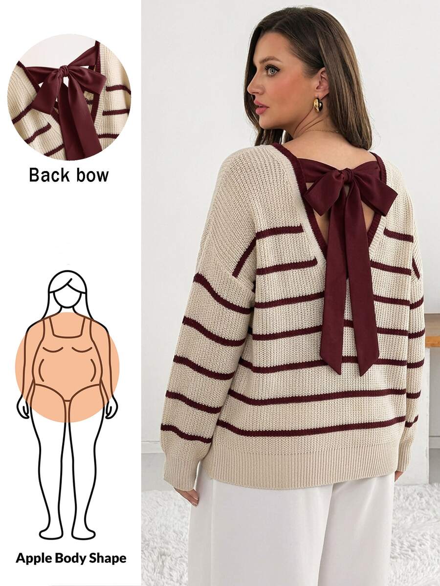 Shapeblank Plus Size Women V-Neck Long Sleeve Striped Pullover Sweater, Daily Wear Bowknot Back Design, Casual & Fashionable/Winter