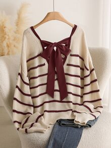 Shapeblank Plus Size Women V-Neck Long Sleeve Striped Pullover Sweater, Daily Wear Bowknot Back Design, Casual & Fashionable/Winter - Brown - View 5