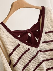 Shapeblank Plus Size Women V-Neck Long Sleeve Striped Pullover Sweater, Daily Wear Bowknot Back Design, Casual & Fashionable/Winter - Brown - View 6
