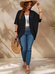 Zaforene Women's Plus Size Solid Color Batwing Sleeve Loose Open Front Cardigan Rodeo Black Summer - Black - View 5