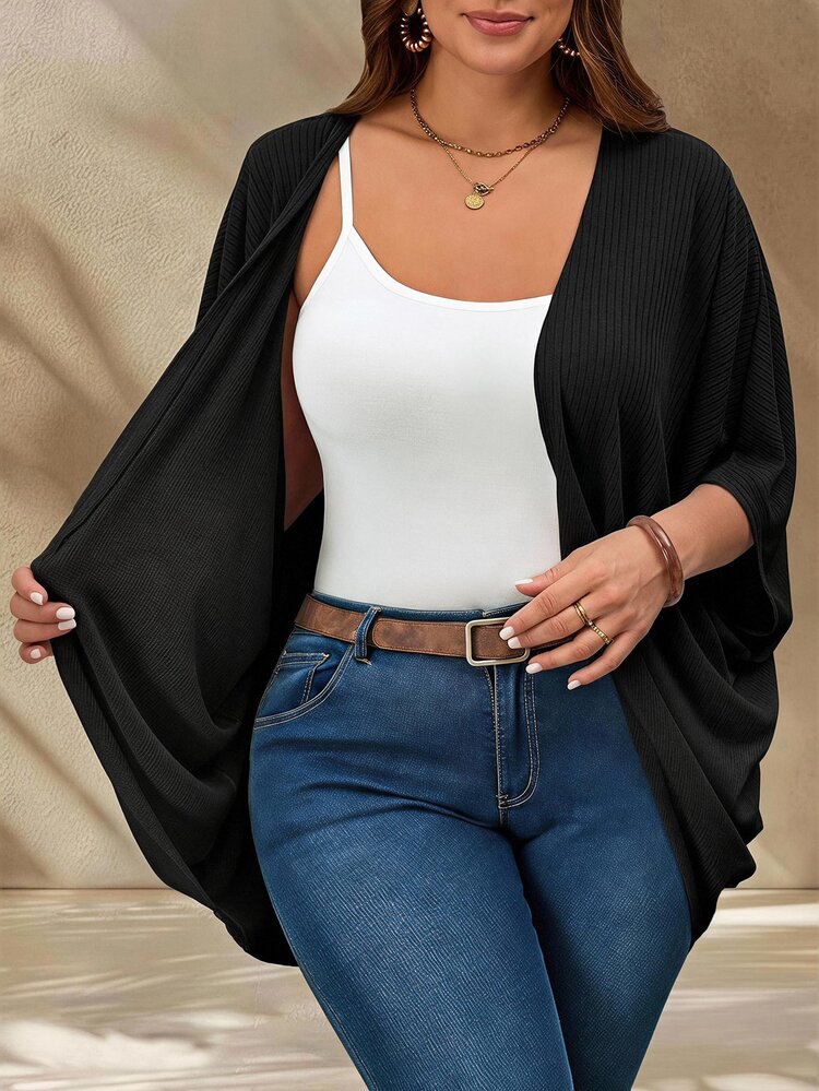 Rosumi Women's Plus Size Solid Color Batwing Sleeve Loose Open Front Cardigan Rodeo Black Summer - Black - View 6