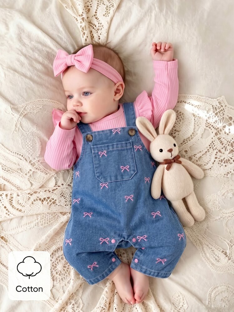 SHEIN Playful Pals 2pcs Newborn Outfit Set, Sweet & Cute Style, Bow Embroidery Decor, Flutter Sleeve Long Sleeve Inner Top With Shoulder Strap Denim Overalls, Front Pocket, Snap Crotch Design, Loose Fit Matching Set, Suitable For Daily Casual Wear, Adorable Baby Outfit - Multicolor - View 3