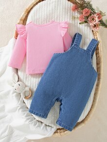 SHEIN Playful Pals 2件組新生兒套裝，甜美可愛風，蝴蝶結刺繡裝飾，荷葉袖長袖內搭上衣搭配肩帶牛仔吊帶褲，前口袋、開襟褲襠設計，寬鬆版型套裝，適合日常休閒穿著，可愛嬰兒套裝 - 彩色 - 查看 2
