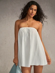 Esseday White 100% Cotton Traceable Cotton Strapless Easy On/Off Towel-Style Minimalist Classic Women's Nightgown - White - View 6