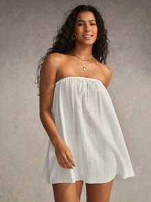 Esseday White 100% Cotton Traceable Cotton Strapless Easy On/Off Towel-Style Minimalist Classic Women's Nightgown - White - View 4