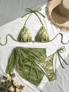 SHEIN Swim 女士性感蕾丝系带露背比基尼套装及系带罩裙三件套，沙滩/度假风橄榄绿泳装绿色度假套装 - 綠色 - 查看 1