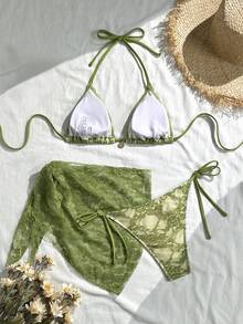 SHEIN Swim 女士性感蕾丝系带露背比基尼套装及系带罩裙三件套，沙滩/度假风橄榄绿泳装绿色度假套装 - 綠色 - 查看 2
