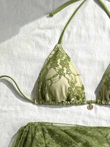 SHEIN Swim 女士性感蕾丝系带露背比基尼套装及系带罩裙三件套，沙滩/度假风橄榄绿泳装绿色度假套装 - 綠色 - 查看 3