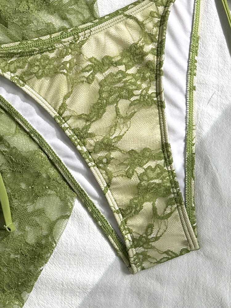 Swim Mod Women's Lace Tie-Front Halter Bikini Set,3-Piece Swimwear With Tie-Front Cover-Up Skirt,Olive Green Summer Casual Beach Holiday Vacation Holiday - Green - View 5