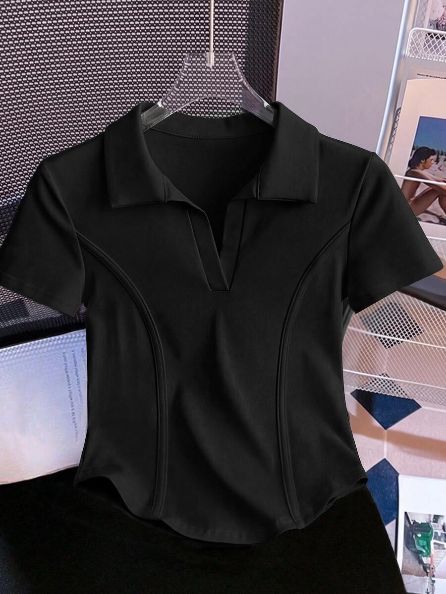 SHEIN LUNE Women's Solid Color Casual Turndown Collar Short Sleeve T-Shirt - Black - View 1
