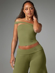 BABYPHAT Off Shoulder Bardot Crop Top Sleeveless - Army Green - View 4