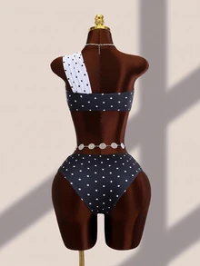 Costavie Women's Sexy One-Shoulder Ruched Polka Dot Print Tank Top And Triangle Bikini Bottom Swimwear Set - Multicolor - View 2