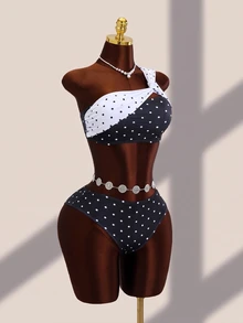 Costavie Women's Sexy One-Shoulder Ruched Polka Dot Print Tank Top And Triangle Bikini Bottom Swimwear Set - Multicolor - View 4