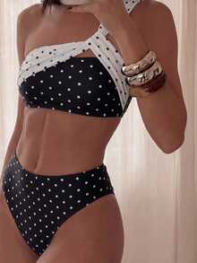 Costavie Women's Sexy One-Shoulder Ruched Polka Dot Print Tank Top And Triangle Bikini Bottom Swimwear Set - Multicolor - View 1