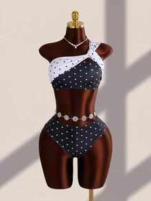 Costavie Women's Sexy One-Shoulder Ruched Polka Dot Print Tank Top And Triangle Bikini Bottom Swimwear Set - Multicolor - View 3