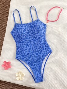 SHEIN Swim 春夏新款跨境歐美風性感連身泳衣，高衩三角褲底，海洋生物印花對比色細肩帶，胸部抓褶，露背，女款連身泳衣，適合女孩，甜美海灘度假，修身剪裁 - 藍色 - 查看 3