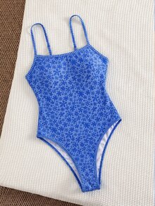SHEIN Swim 春夏新款跨境歐美風性感連身泳衣，高衩三角褲底，海洋生物印花對比色細肩帶，胸部抓褶，露背，女款連身泳衣，適合女孩，甜美海灘度假，修身剪裁 - 藍色 - 查看 4