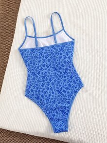 SHEIN Swim 春夏新款跨境歐美風性感連身泳衣，高衩三角褲底，海洋生物印花對比色細肩帶，胸部抓褶，露背，女款連身泳衣，適合女孩，甜美海灘度假，修身剪裁 - 藍色 - 查看 2