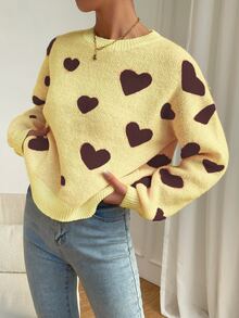 SHEIN PariChic كنزة نسائية كاجوال فضفاضة بأكمام طويلة وكتف منسدل بنقشة قلب - متعدد الألوان - مشاهدة 6