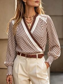 SHEIN Women's Blue And White Stripe Shirt Blouse, Autumn/Winter Commute, Minimalist Casual Elegant, Party Business Brunch, Date Outfit,Autumn Clothes - Coffee Brown - View 5