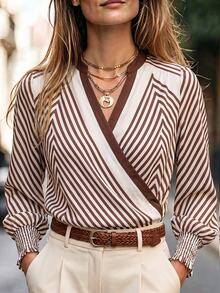 SHEIN Women's Blue And White Stripe Shirt Blouse, Autumn/Winter Commute, Minimalist Casual Elegant, Party Business Brunch, Date Outfit,Autumn Clothes - Coffee Brown - View 2