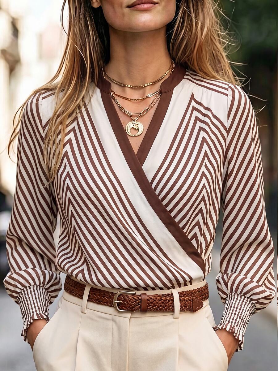 SHEIN Women's Blue And White Stripe Shirt Blouse, Autumn/Winter Commute, Minimalist Casual Elegant, Party Business Brunch, Date Outfit,Autumn Clothes