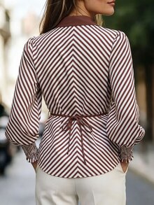 SHEIN Women's Blue And White Stripe Shirt Blouse, Autumn/Winter Commute, Minimalist Casual Elegant, Party Business Brunch, Date Outfit,Autumn Clothes - Coffee Brown - View 3