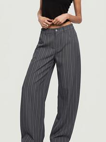 SHEIN MOD Fashionable Commuter Striped Grey Curved Leg Suit Pants - Grey - View 2
