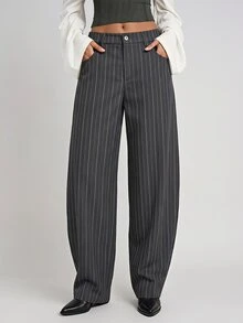 SHEIN MOD Fashionable Commuter Striped Grey Curved Leg Suit Pants - Grey - View 8