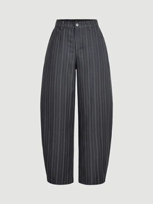 SHEIN MOD Fashionable Commuter Striped Grey Curved Leg Suit Pants - Grey - View 3