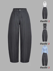 SHEIN MOD Fashionable Commuter Striped Grey Curved Leg Suit Pants - Grey - View 1