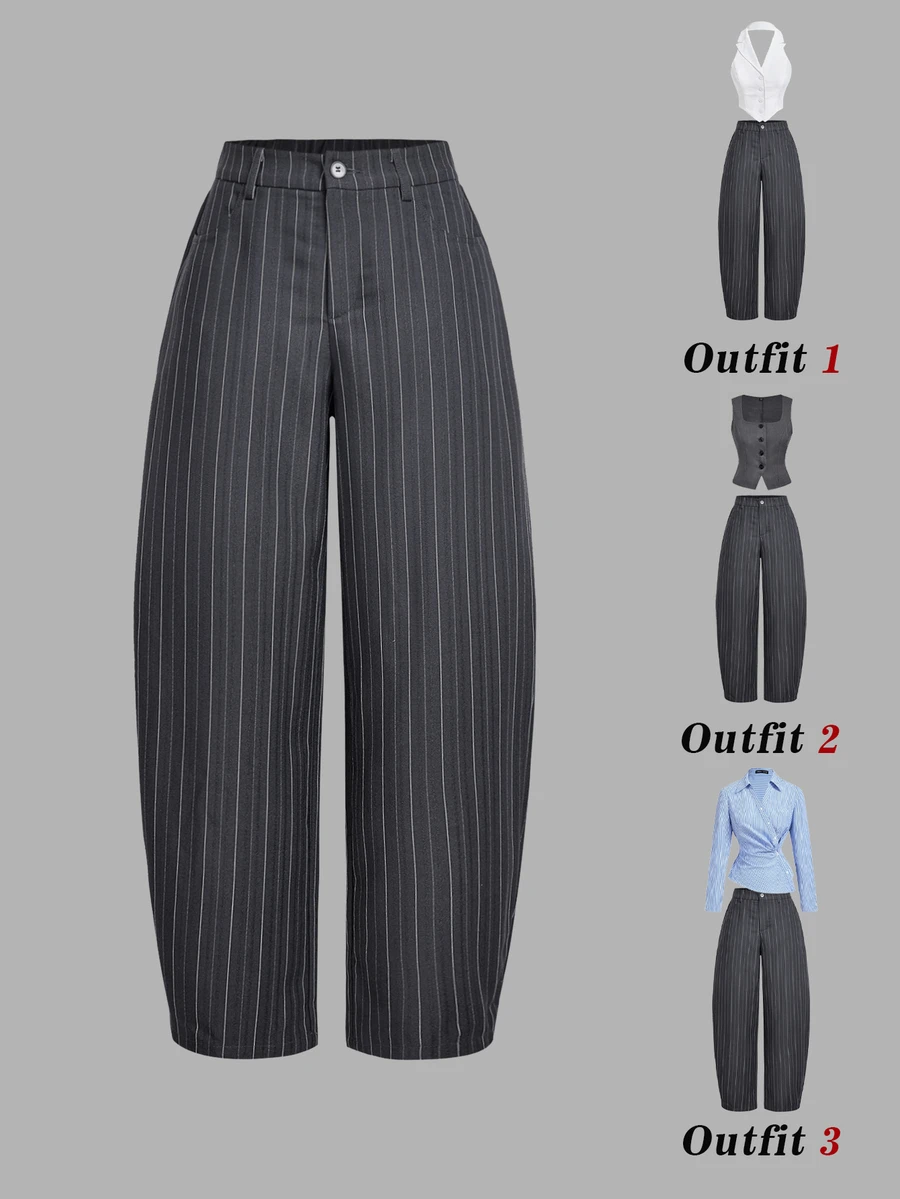 SHEIN MOD Fashionable Commuter Striped Grey Curved Leg Suit Pants - Grey - View 1