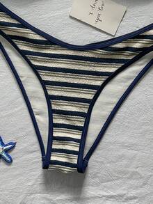 SHEIN Swim 藍白條紋女款泳衣套裝，比基尼兩件式，紋理可調節肩帶，夏季海濱度假泳池派對沙灘運動休閒泳衣 - 藏蓝色 - 查看 6