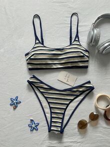 SHEIN Swim 藍白條紋女款泳衣套裝，比基尼兩件式，紋理可調節肩帶，夏季海濱度假泳池派對沙灘運動休閒泳衣 - 藏蓝色 - 查看 2