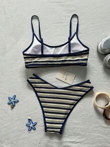 SHEIN Swim 藍白條紋女款泳衣套裝，比基尼兩件式，紋理可調節肩帶，夏季海濱度假泳池派對沙灘運動休閒泳衣 - 藏蓝色 - 查看 7
