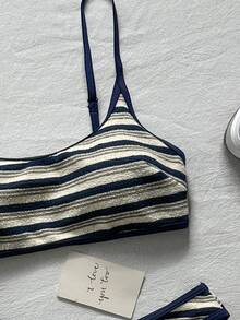 SHEIN Swim 藍白條紋女款泳衣套裝，比基尼兩件式，紋理可調節肩帶，夏季海濱度假泳池派對沙灘運動休閒泳衣 - 藏蓝色 - 查看 5