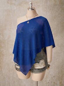 SHEIN ICON Women's Plus Size Textured Asymmetric Hem Asymmetrical Shoulder 3/4 Sleeve Top - Navy Blue - View 6
