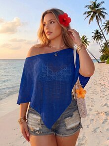 SHEIN ICON Women's Plus Size Textured Asymmetric Hem Asymmetrical Shoulder 3/4 Sleeve Top - Navy Blue - View 1
