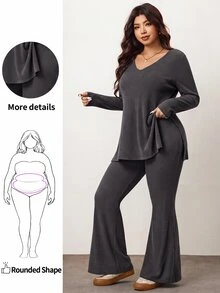 Enliva Plus Size Casual & Homewear Minimalist Cold Shoulder Ribbed 2 Pieces Set,Autumn Clothes ,Winter Clothes ,Friendly To Round Body Curves Fall - Dark Grey - View 1