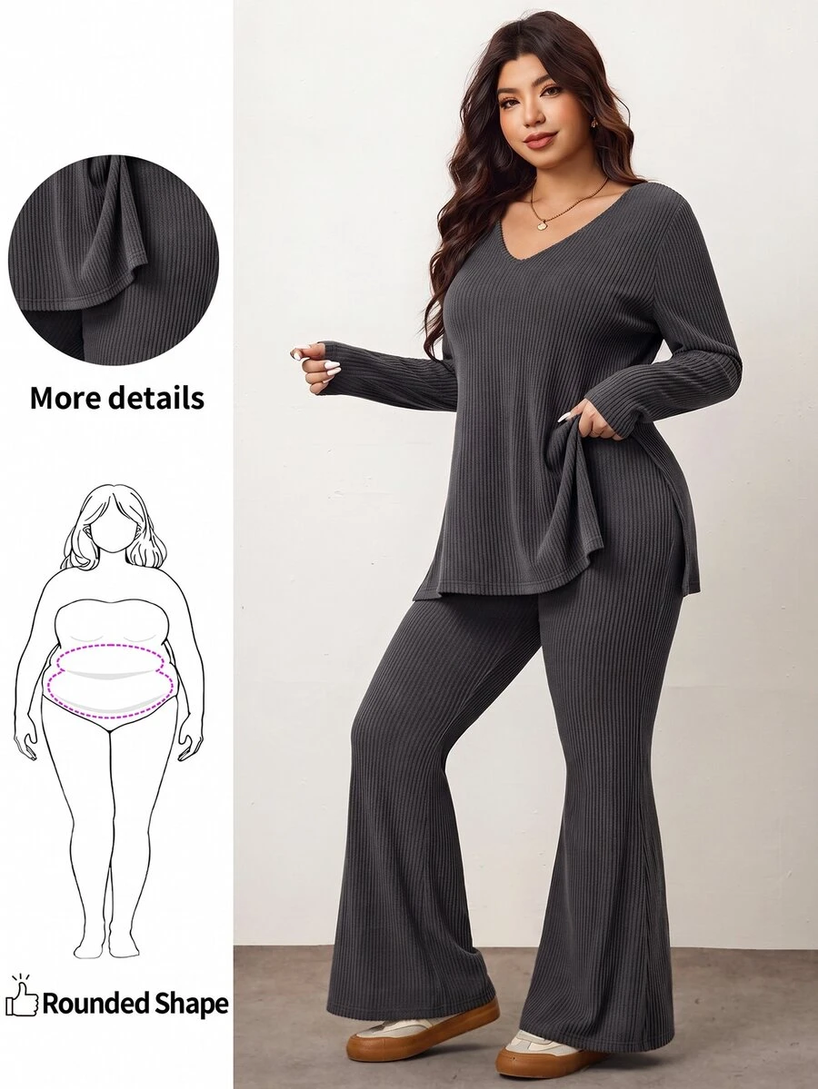 Enliva Plus Size Casual & Homewear Minimalist Cold Shoulder Ribbed 2 Pieces Set,Autumn Clothes ,Winter Clothes ,Friendly To Round Body Curves Fall - Dark Grey - View 1