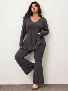 Enliva Plus Size Casual & Homewear Minimalist Cold Shoulder Ribbed 2 Pieces Set,Autumn Clothes ,Winter Clothes ,Friendly To Round Body Curves Fall - Dark Grey - View 5