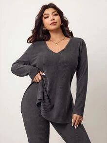 Enliva Plus Size Casual & Homewear Minimalist Cold Shoulder Ribbed 2 Pieces Set,Autumn Clothes ,Winter Clothes ,Friendly To Round Body Curves Fall - Dark Grey - View 6