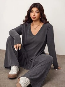 Enliva Plus Size Casual & Homewear Minimalist Cold Shoulder Ribbed 2 Pieces Set,Autumn Clothes ,Winter Clothes ,Friendly To Round Body Curves Fall - Dark Grey - View 4
