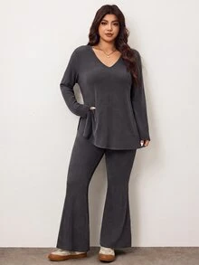 Enliva Plus Size Casual & Homewear Minimalist Cold Shoulder Ribbed 2 Pieces Set,Autumn Clothes ,Winter Clothes ,Friendly To Round Body Curves Fall - Dark Grey - View 7