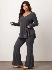 Enliva Plus Size Casual & Homewear Minimalist Cold Shoulder Ribbed 2 Pieces Set,Autumn Clothes ,Winter Clothes ,Friendly To Round Body Curves Fall - Dark Grey - View 8